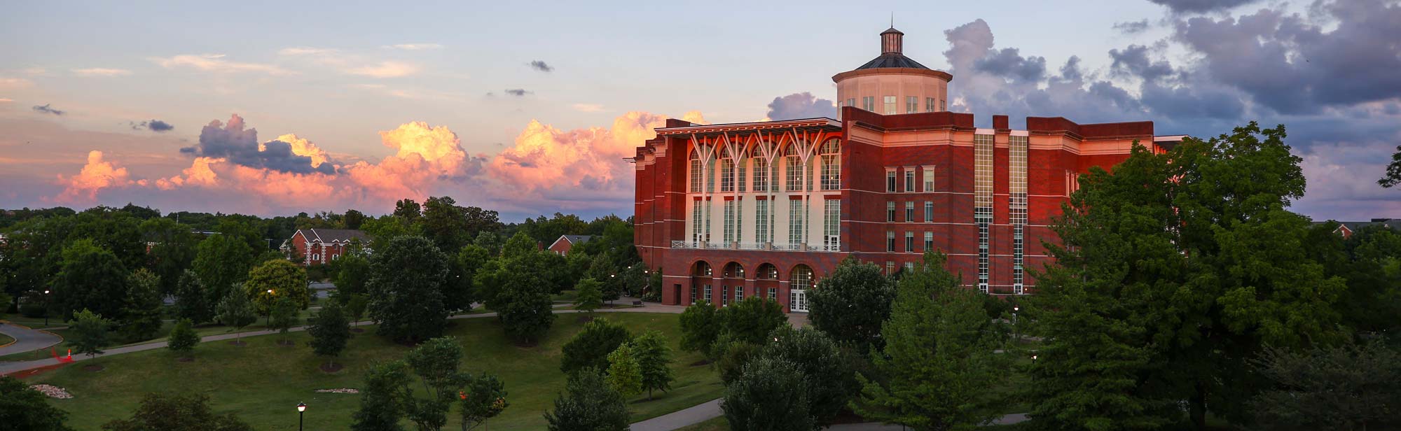 Exterior view of the WT Young Library at dusk.