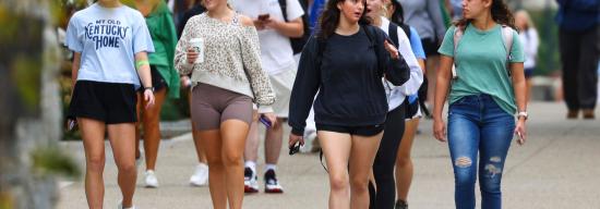 Group of female students walking together to class