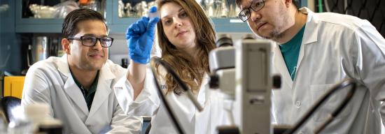 Three students closely inspecting a substance while wearing white labcoats