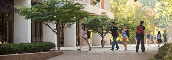 Students walking toward a classroom building